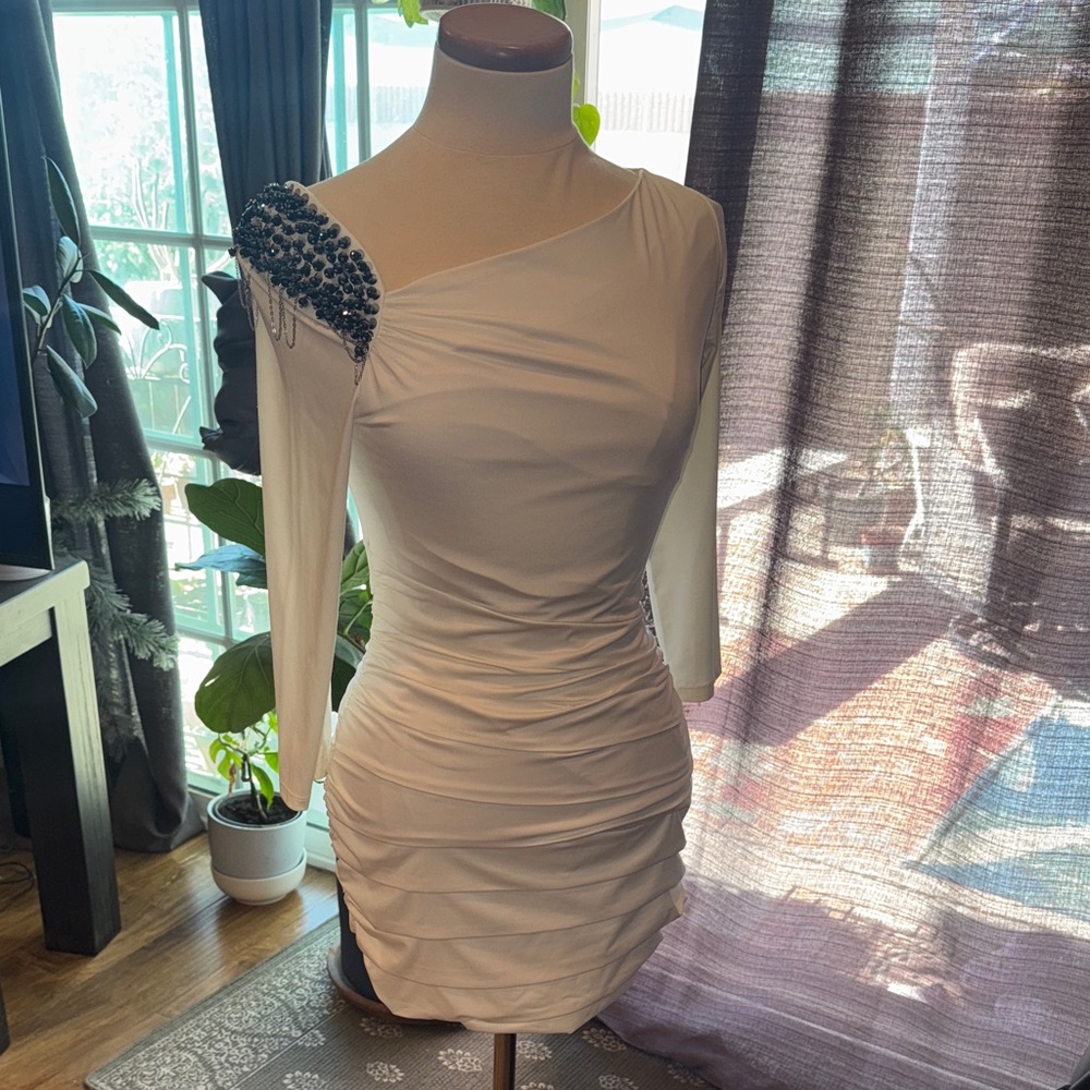 Nikibiki Off-White One-Shoulder Dress with Black Embellishment
